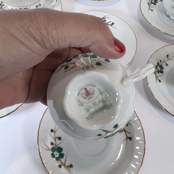 Antique Footed Teacup And Saucer Set Regal China‎ Occupied Japan Emerald Pattern - Picture 3 of 15